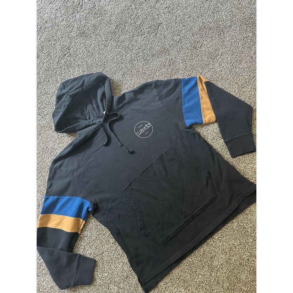 Levi's Men's Hoodie, Size M, Relaxed Fit, Gunmetal Gray W/ Blue + Yellow Stnipes